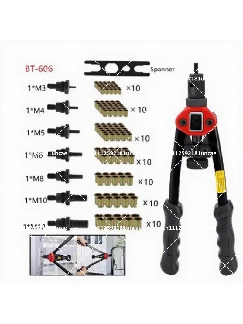 Manual Rivet Gun Tool with Interchangeable Heads for Threaded Nut and Standard Rivets M3-M12