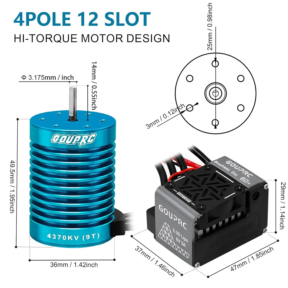 4370KV Brushless Motor with 60A ESC Electric Speed Controller Combo Set RC Motor for 1/10 RC Car Truck