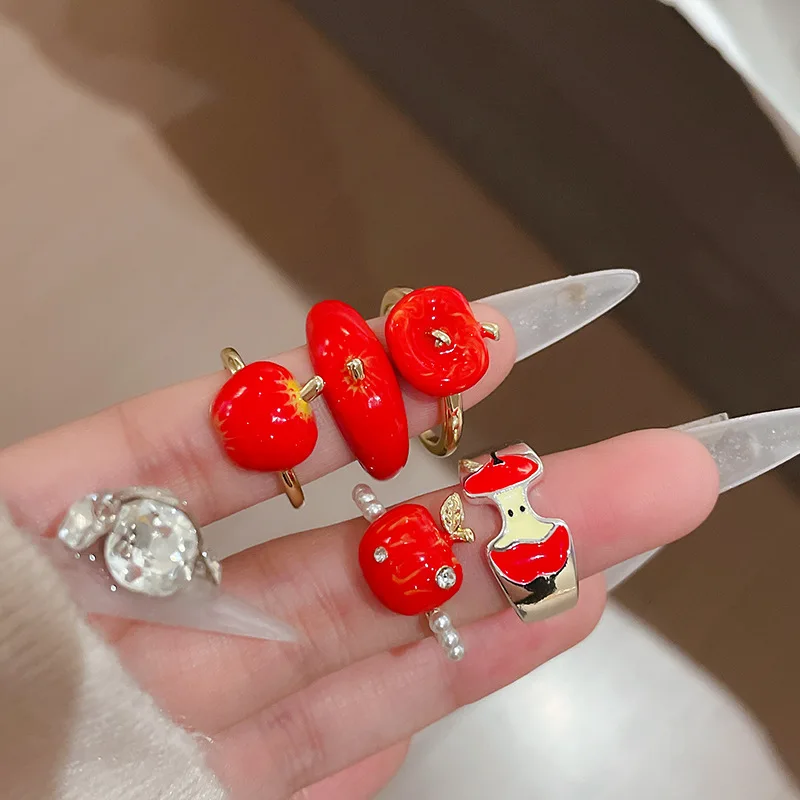 Minar Kawail Multiple Red Enamel CZ Zircon Faux Pearl Apple Fruit Adjustable Open Cocktail Ring for Women 14K Gold Plated Copper