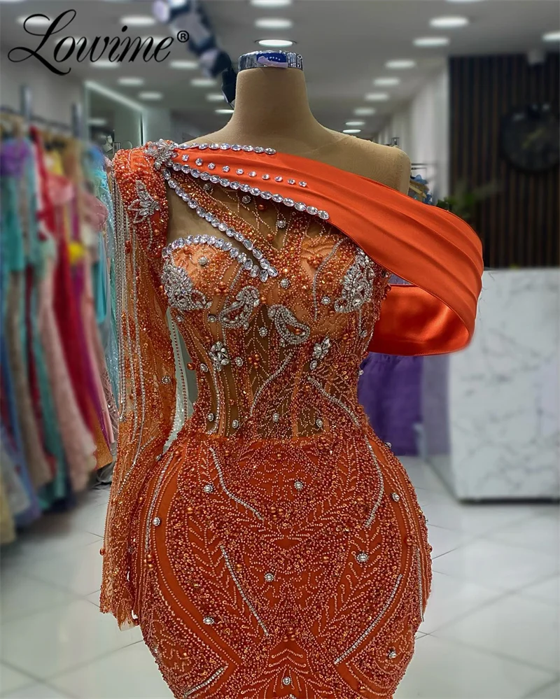 Robe De Soirée Orange One Shoulder Party Dresses For Weddings Tassel Crystals Shiny Sequined Evening Gown Arabic Celebrity Prom