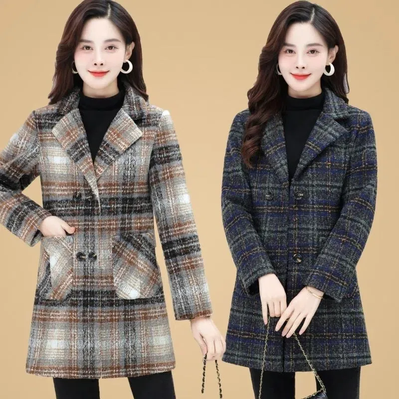 Women\'s Wool Coat Fashion Autumn Winter Plaid Jacket Korean Style Slim Double Breasted Woolen Blended Outerwear Tops Female