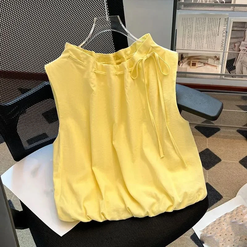 

Fashion O-neck Drawstring Blusas De Mujer Y2k Sleeveless Loose Shirts Women 2025 Shirts & Blouses New All-match Casual Blouses
