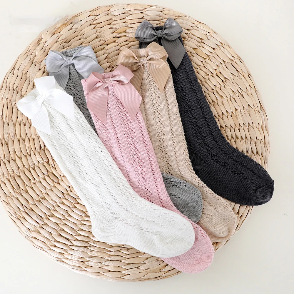 New Summer Baby Knee High Socks Kids Girls Bow Long Sock Soft Cotton Mesh Breathable Children Hollow Out Socken For 0-7Years