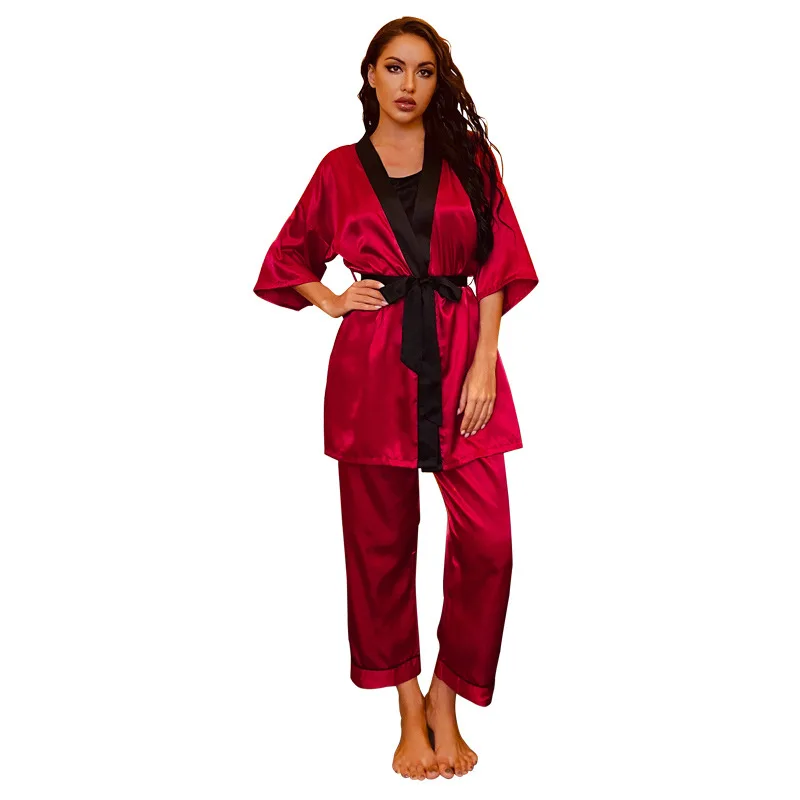 Satin Three Pieces Robe Gown Set With Pants Red Bride Pajamas Pour Femme Lace Up Home Clothes Nightwear Suit For All Seasons