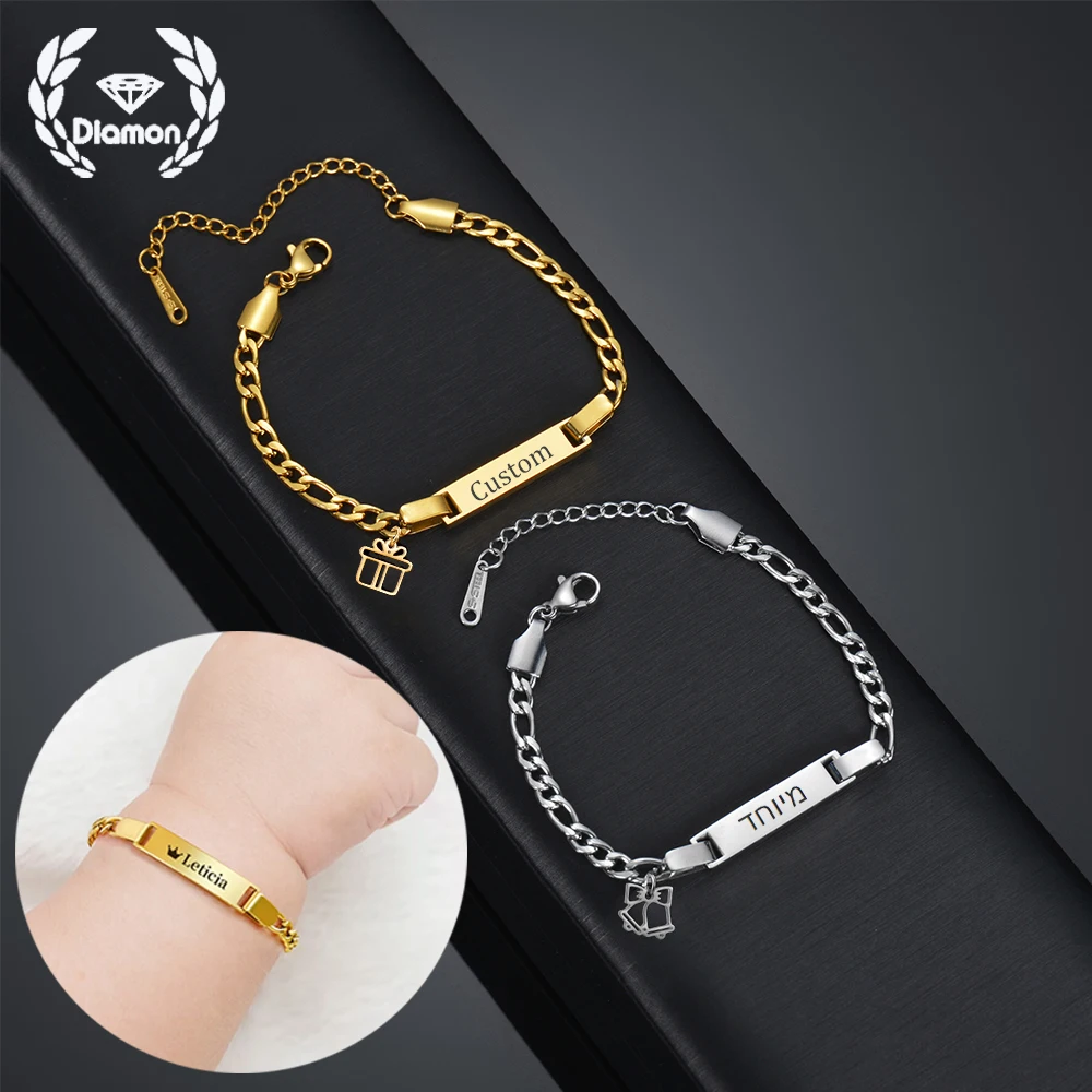 

Браслет с персонализированной гравировкой имени и бриллиантами, английская ивритская подарочная коробка, цепочка из нержавеющей стали золотого цвета для маленьких детей, ювелирные изделия, подарки