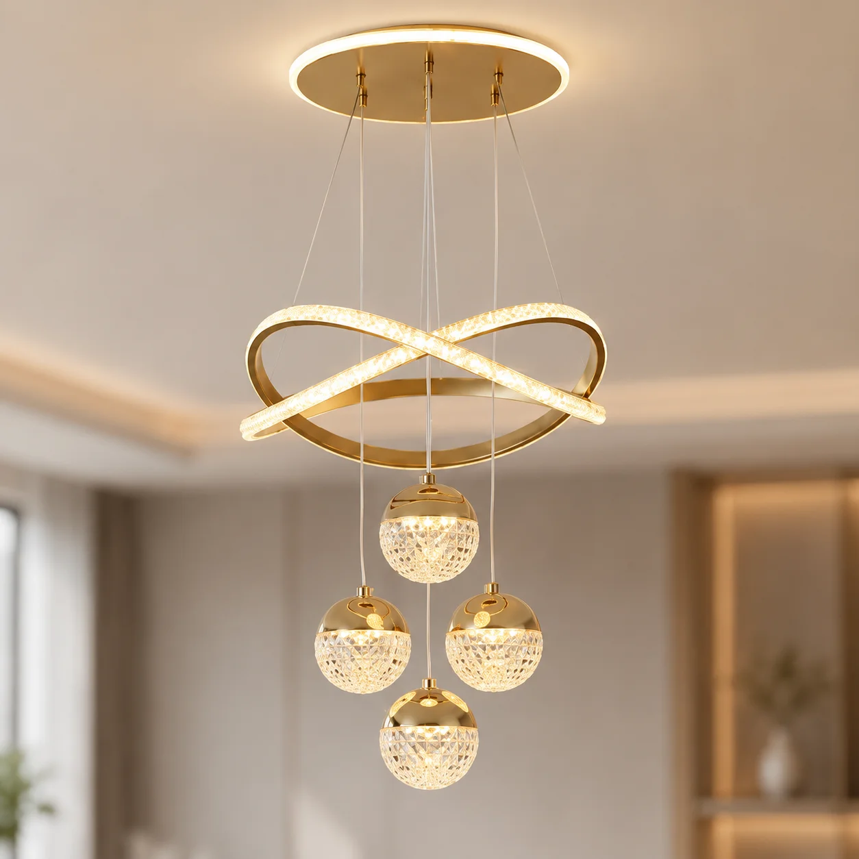 Modern minimalist LED pendant light with pendant design, gold ring design, suitable for use in restaurants, living rooms, bedroo
