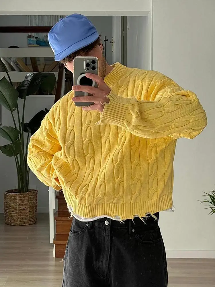 Sweter rajut lengan panjang pria, sweter rajut rumbai lengan panjang kasual warna kuning setengah Turtleneck untuk musim gugur, Jumper rajut lengan panjang malas