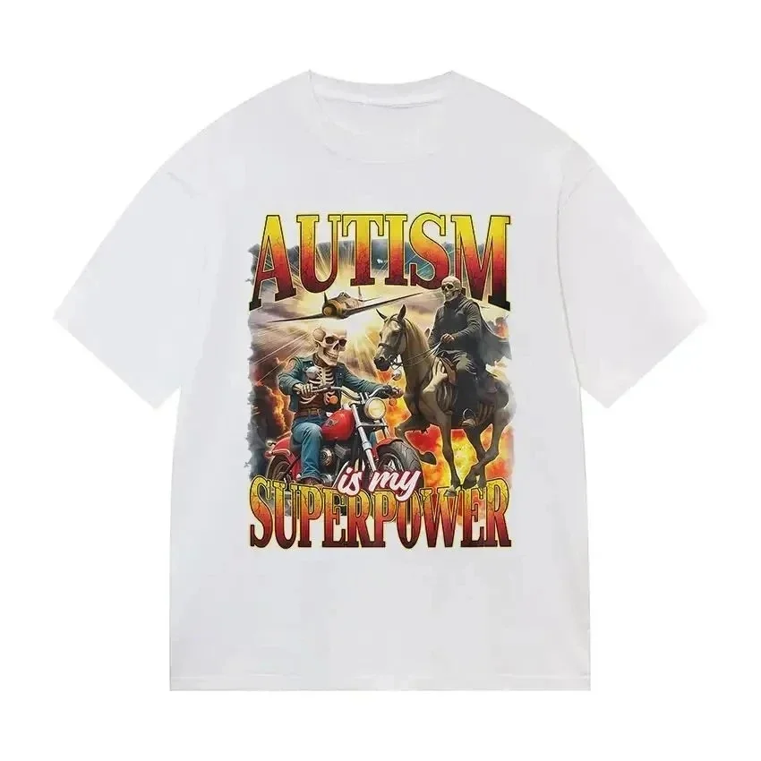 2026 Summer Autism Is My Superpower Gothic Pattern T-Shirt Fun Casual Cute Bicycle Short-Sleeve T-Shirt  Round Neck T-Shirt Y2k