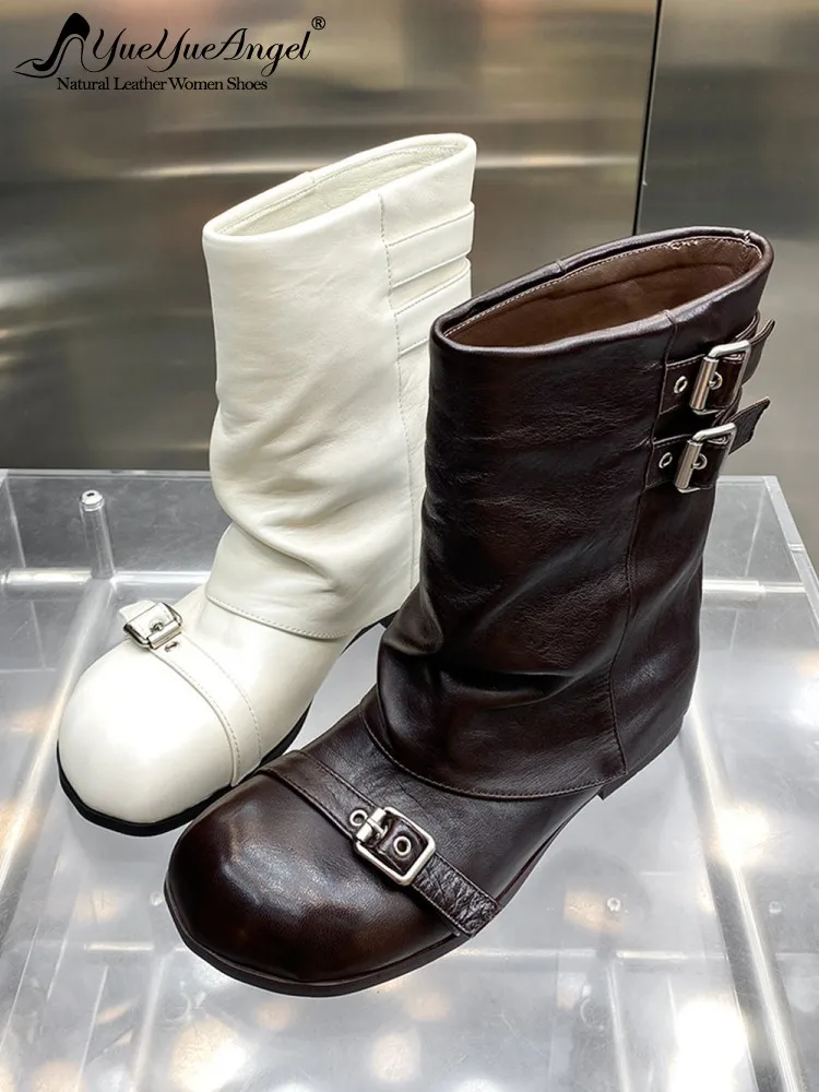Fashion Women Sheepskin Genuine Leather Ankle Boots Buckle Design Winter Fleece Lining Warm Shoes Round Toe Flats High Top Boots