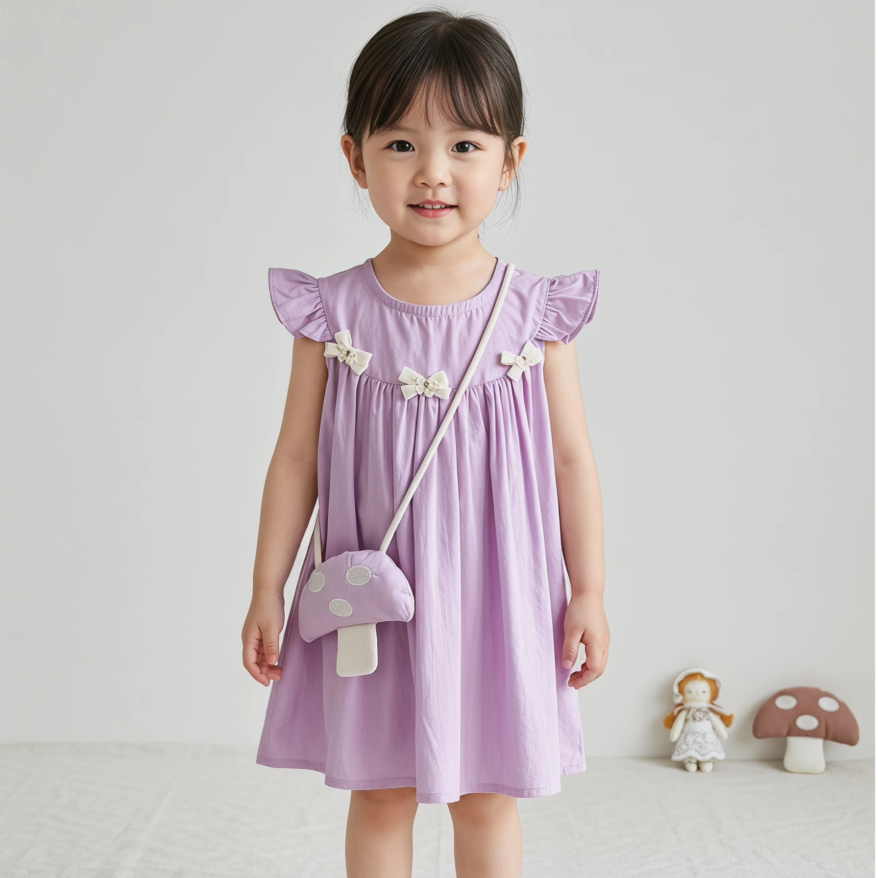 

2026 Summer New Dress for 9M-5Y Girls Ruffle Sleeve Causal Wear O-neck Solid Color Princess Dress Sweet Kids Clothes