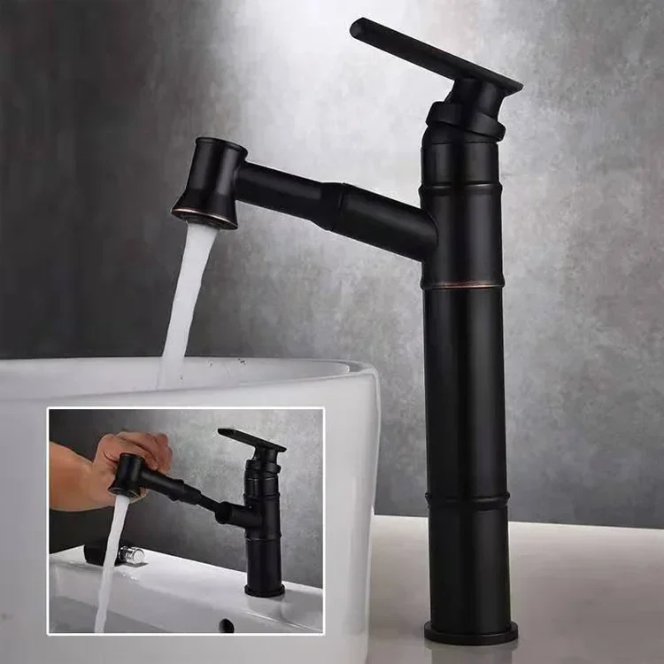 DurableHousehold Pull-out Cold And Hot Water Faucet In The Bathroom Black All Copper Washbasin Basin Washbasin Telescopic Faucet