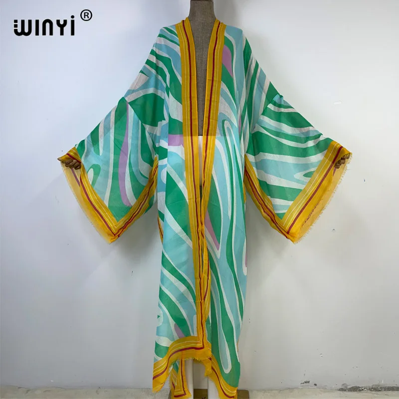 WINYI Summer print cotton feeling Women Cardigan Loose Long Dress Cocktail Party Boho Maxi Holiday Beach Wear Swim Suit Cover Up