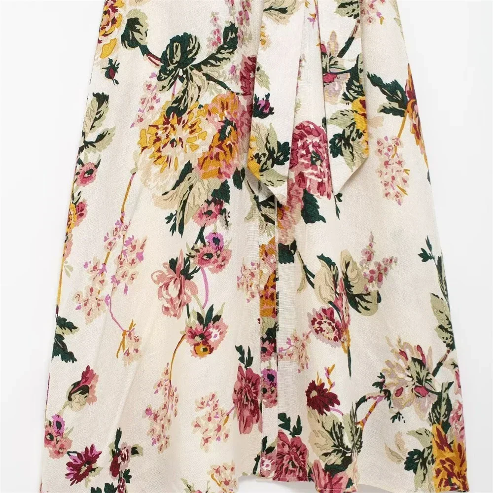 فستان نسائي طويل الأكمام مع حزام ، قميص كتان ، مطبوع ، غير رسمي ، جديد ، ياقة ، خريف ،