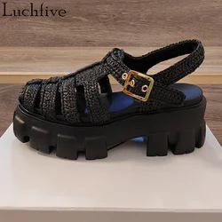 2023 Hot Sale Thick Soled Platform Sandals Women Rome Sandals Summer Hollow Beach Sandals Rattan Grass Weave Punk Flat Sandals