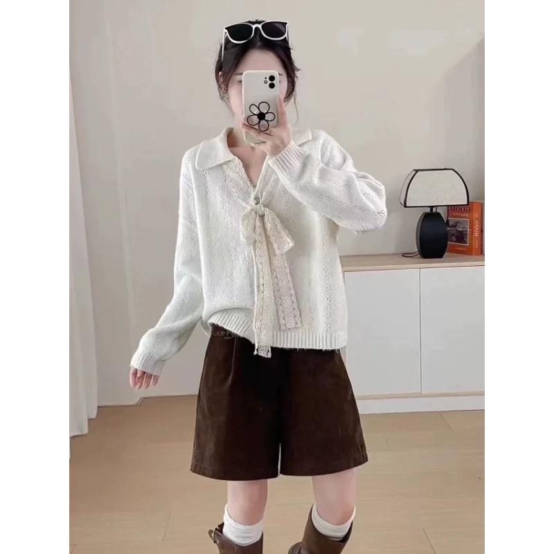 Sweet Lace Bow Decor Knit Cardigan Women Lapel Hollow Out Knitted Sweater Autumn Daily Casual Coat
