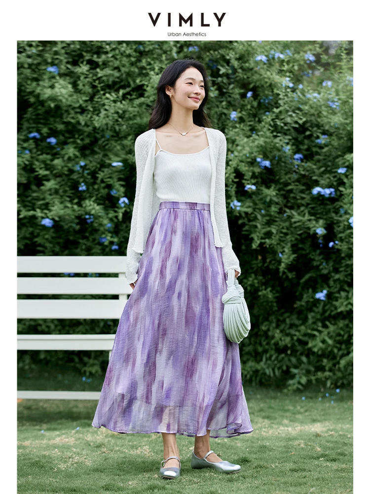 VIMLY Romantic Purple Midi Skirt Woman 2025 Summer Lyocell Elastic Waist Flowy A Line Vacation Skirt Ladies Clothing A1823