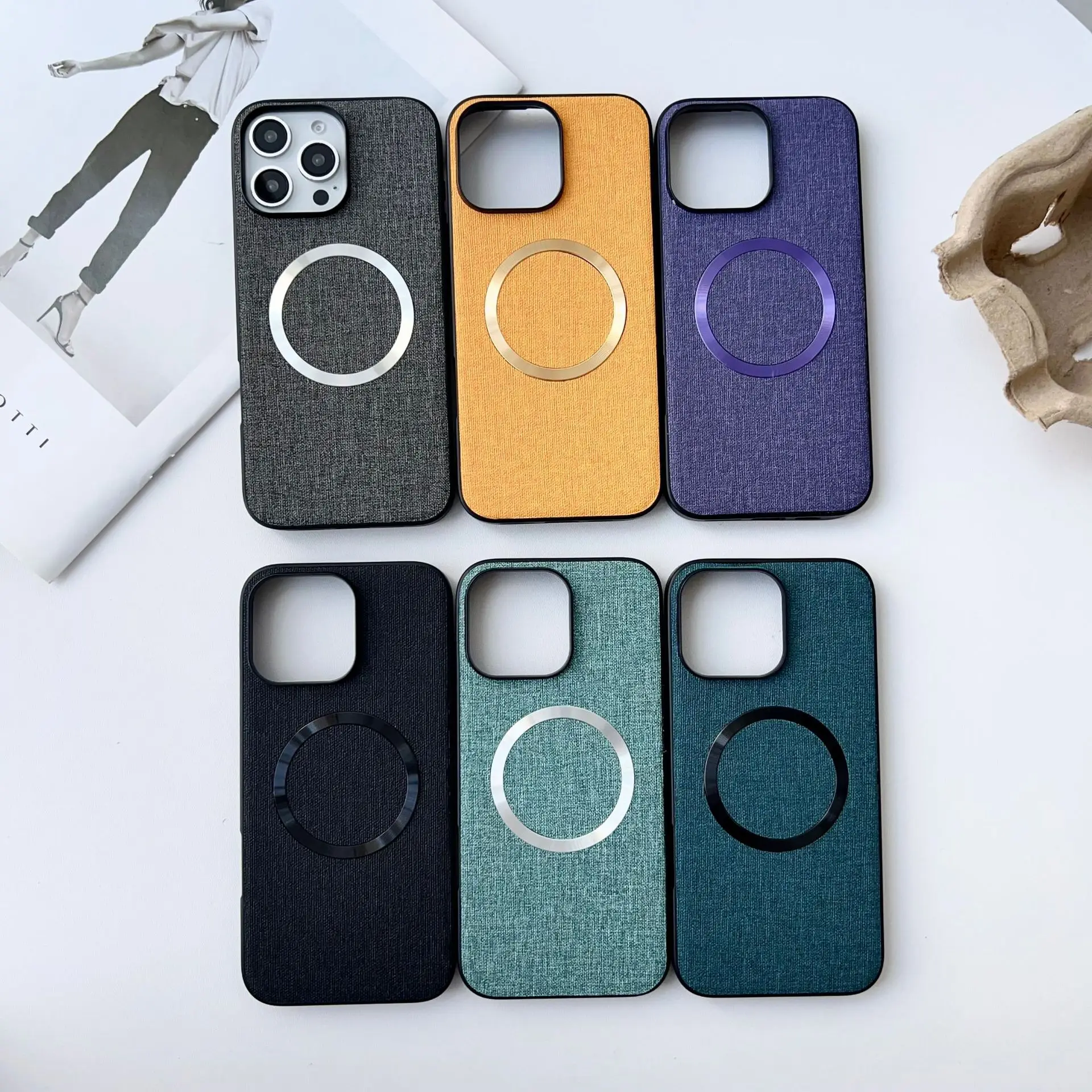 Capa de tecido compatível com MagSafe para iPhone 16/15/14, carregamento sem fio e queda militar testada