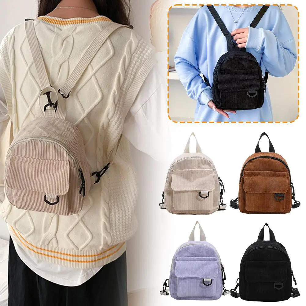 

Korean Casual All-in-one Simple Retro Corduroy Solid Japanese Student Schoolbag Color Backpack Backpack Women's Tide Women' K1H4