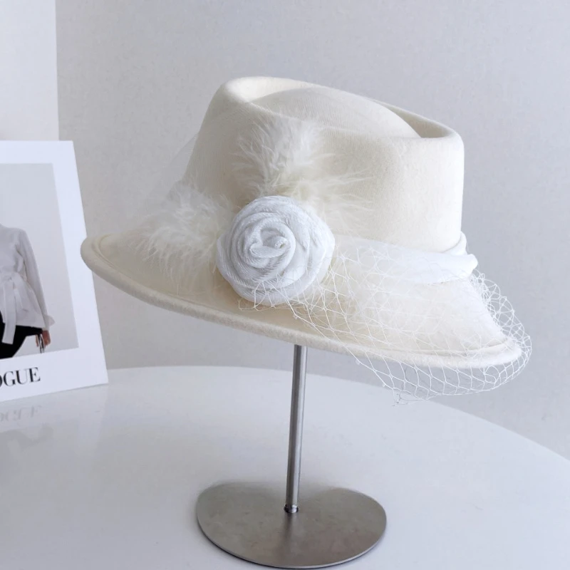 Elegant Floral Hepburn Style Topper Hat French Style Woolen Black Hat Oversized Flat-top Women Fisherman Hat Princess