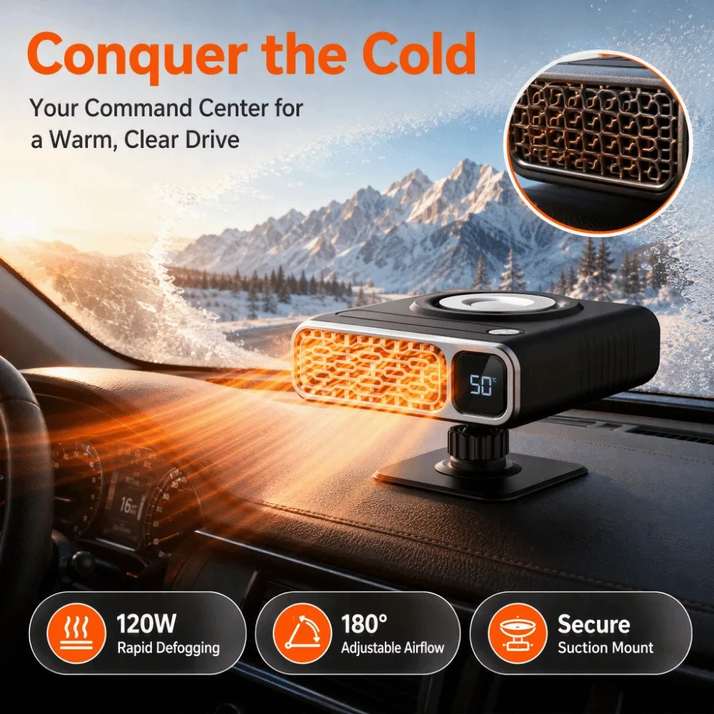 Silent Car Heater Fan Windshield Defroster Demister 12V Digital Display Electric Warmer 360 Degree Adjustable Fast Heating