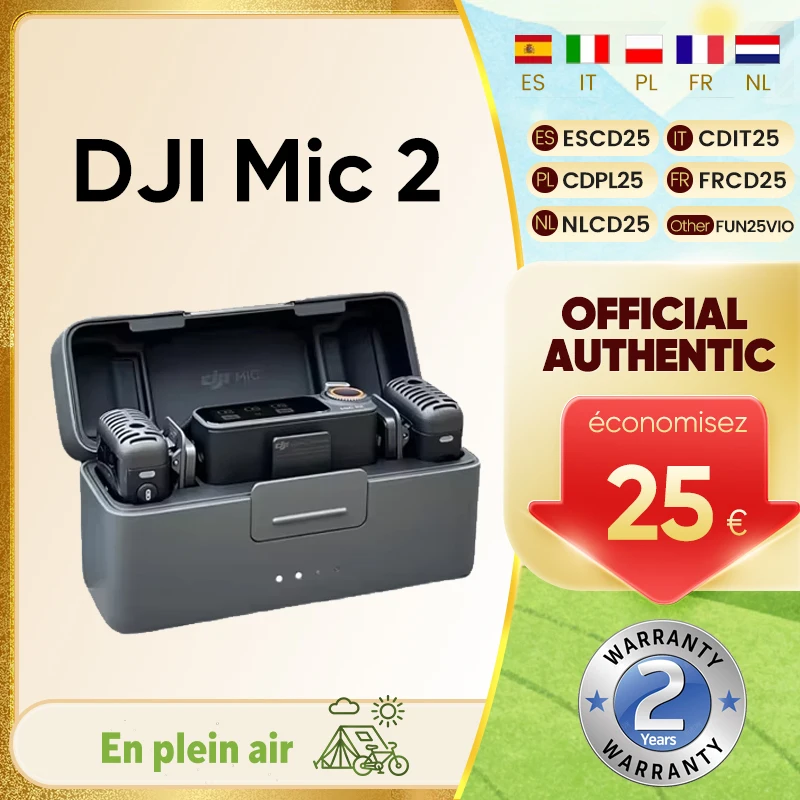 Microphone sans fil DJI Mic 2 avec suppression intelligente du bruit, enregistrement interne 32 bits flottant, son optimisé, portée de 250 m