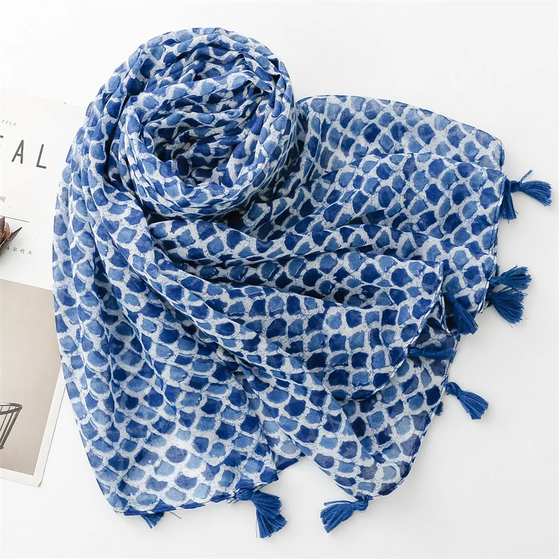 KYQIAO Winter Women's Shawls Vintage Woman Scarves 2024 Spring Long Blue Fish Scale Printed Neck Scarf Muslim Hijabs