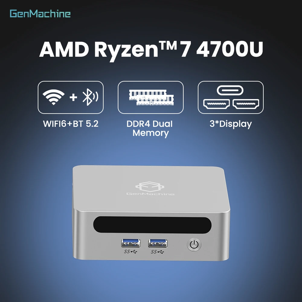 Genmachine AMD Ryzen 4700U 8G+256G/16G+512G Mini PC Easily handle 8-core 16 thread 4K High-definition entertainment WiFi 6