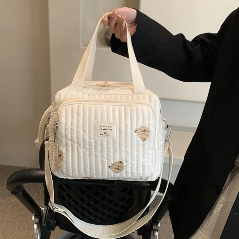 Sac à main en tissu de coton beige pour bébé, motif de broderie de fleurs d'ours mignon, sac à langer à fermeture éclair, nouveau sac à bagages, grande capacité