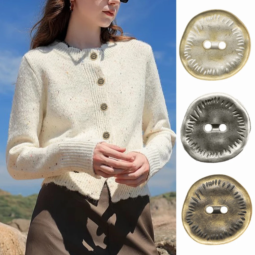 10pcs Set Vintage Distressed 2-Hole Metal Buttons, 11-25mm Irregular Buttons for Shirt Suit Decor (Bronze/Antique Silver/Tin)