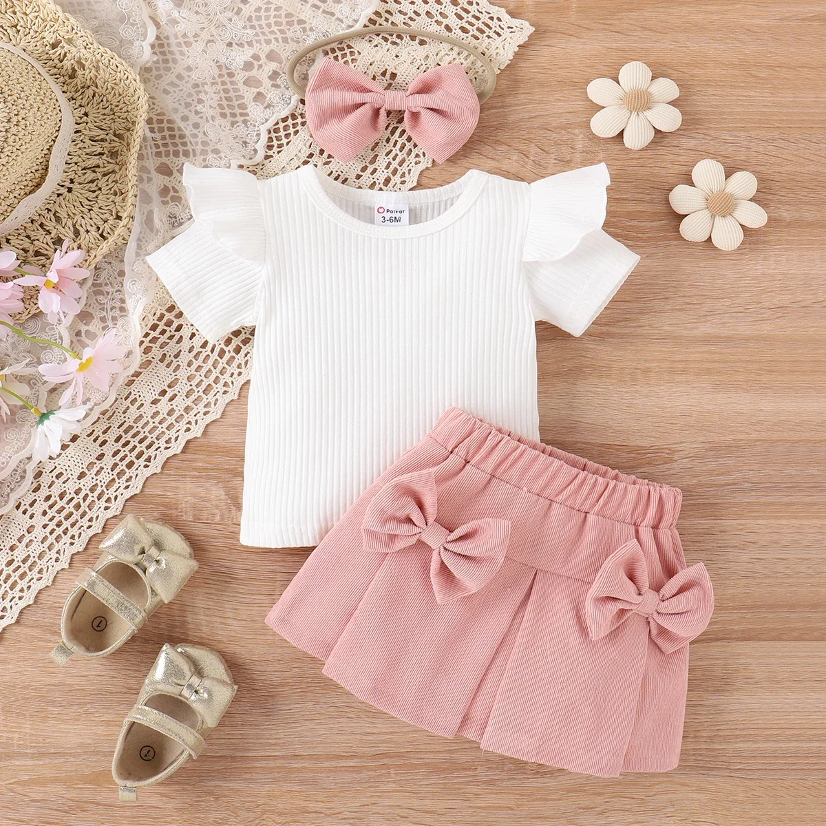 PatPat 3pcs Baby Girl 95% Cotton Ribbed Ruffle Short-sleeve Tee and Bow Front Skirt & Headband Set Basic Style