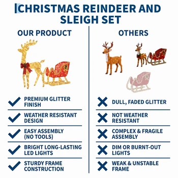 4ft Lighted Christmas Reindeer and Sleigh Outdoor Yard Decoration Set Pre Lit White LED Holiday Display Lawn Ornament for Garden Porch Winter Festival Party Home Decor Display Supplies 4
