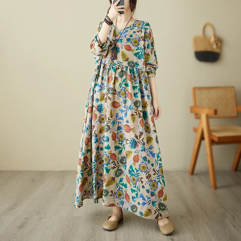 

Свободный крой, круглый Ne Long Sve, женское платье больших размеров, летнее повседневное платье из смеси хлопка с растительным цветочным принтом Dr