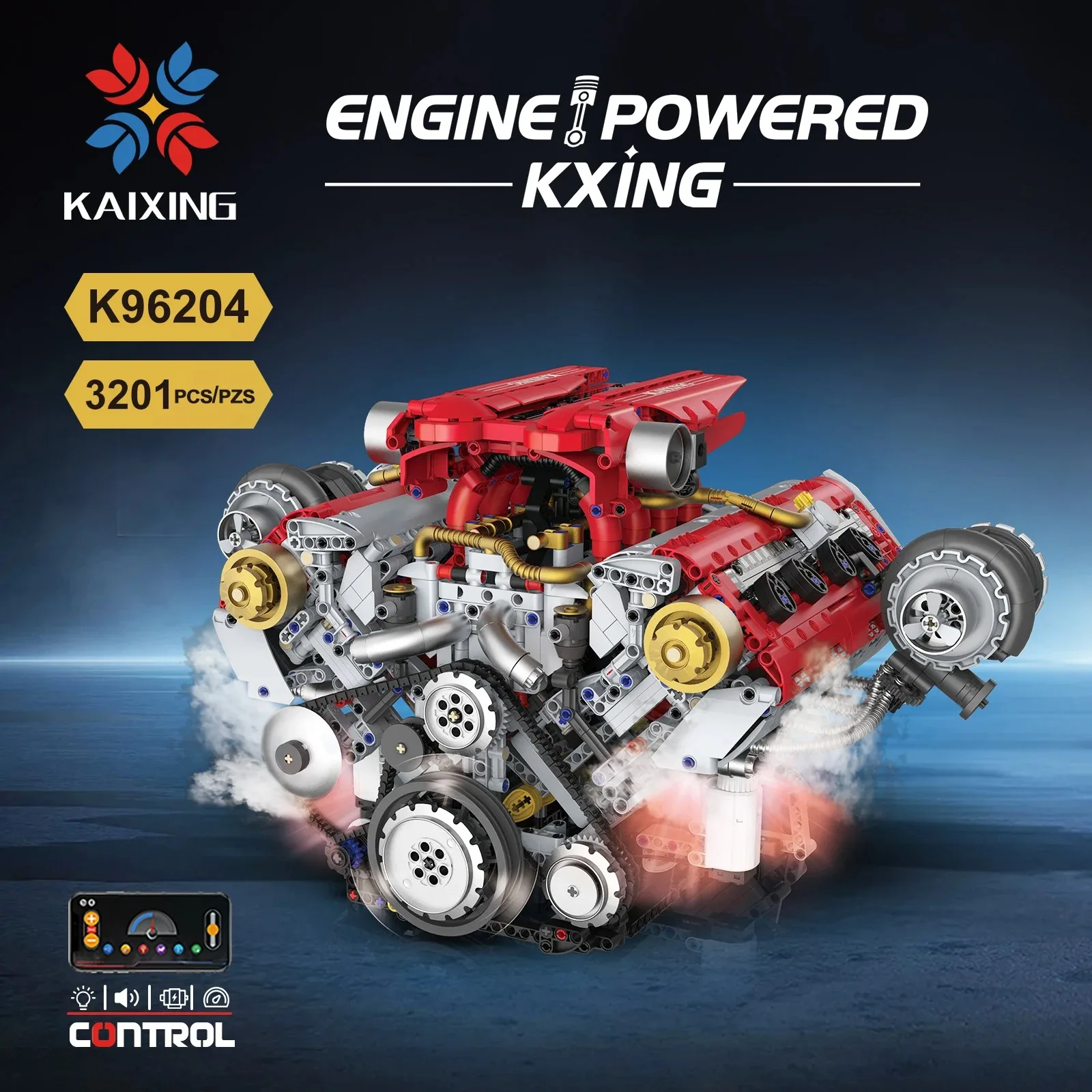 K96204 3168pcs Simulation V8 Engine Model Building Blocks Kit with LED Light & APP Programmable Control Bricks Construction Toys
