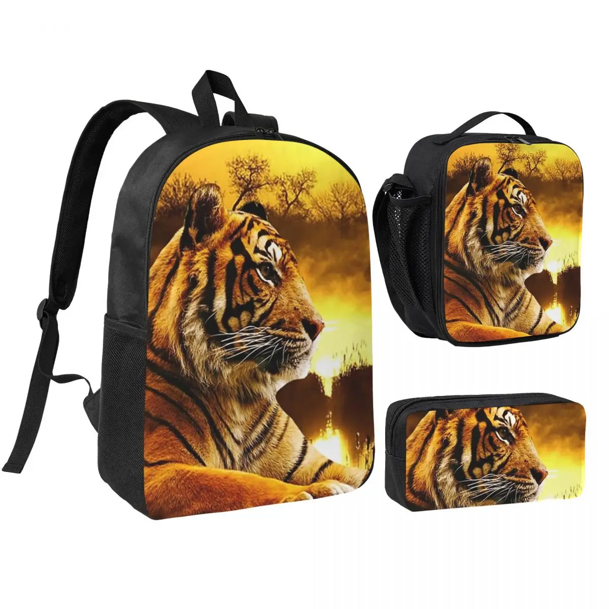 

Tiger And Sunset Backpack Student Boys Girls BookBag School Bag Laptop Shoulder Bags 3ps Insulated Lunch Bag Pencil Case