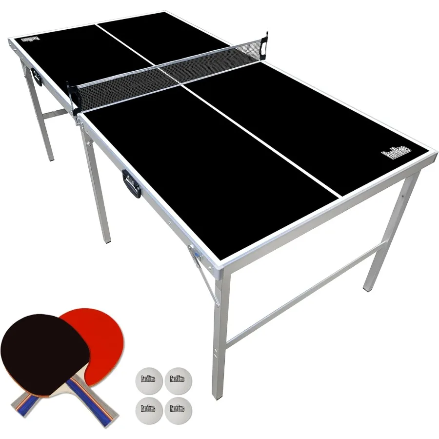 

6 ft x 3 ft Mid-Size Portable Folding Ping Pong Table Tennis Table for Indoor Outdoor Use with Optional LED Lights in Black and