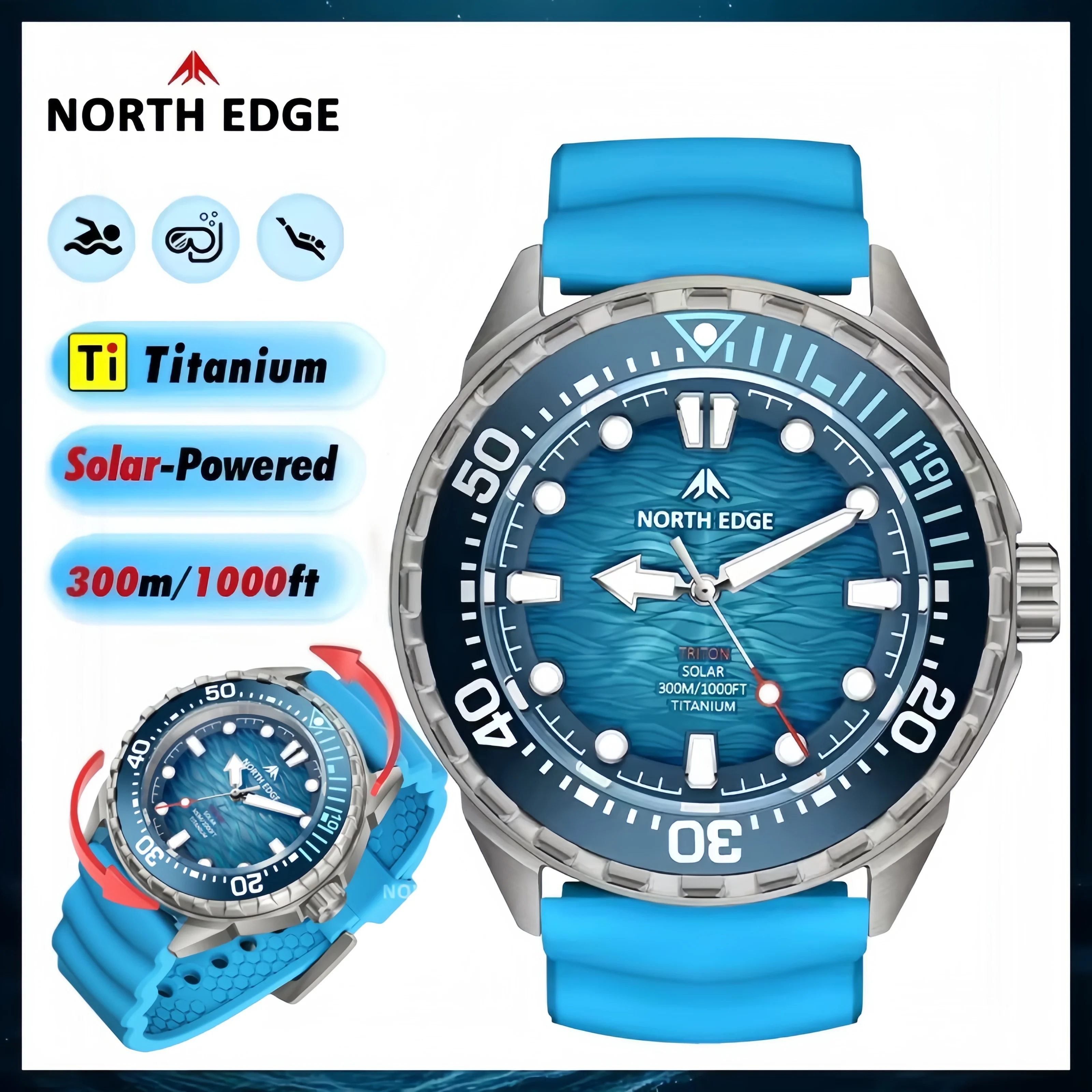 

NORTH EDGE 2026 TRITON-TI Solar-Powered Diving Smart Watch High-End Quartz Watch 300M Waterproof For Free Swimming Diving Sport