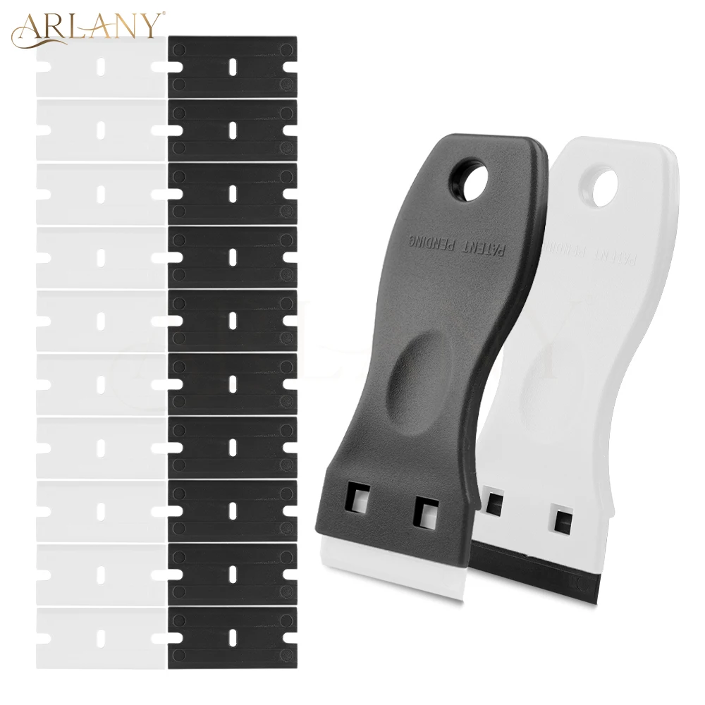 ARLANY 2Pcs Plastic Scraper Tool with 20pcs Double Edged Plastic Blades Hair Extension Tool Salon Label Removal Scraper Tools