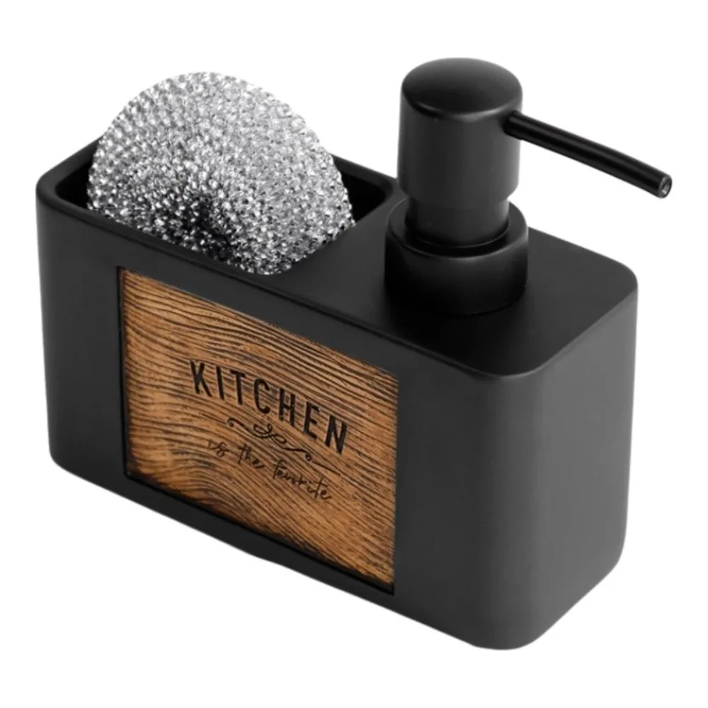 Press Type Kitchen Soap Dispenser Refillable with Sponge Holder Liquid Soap Container Wood Grain Lotion Bottle Countertop