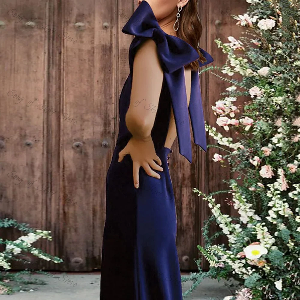Vestido de noche Formal Simple azul marino para madre de la novia, con cuello redondo, Espalda descubierta, con lazo de sirena, para invitados de