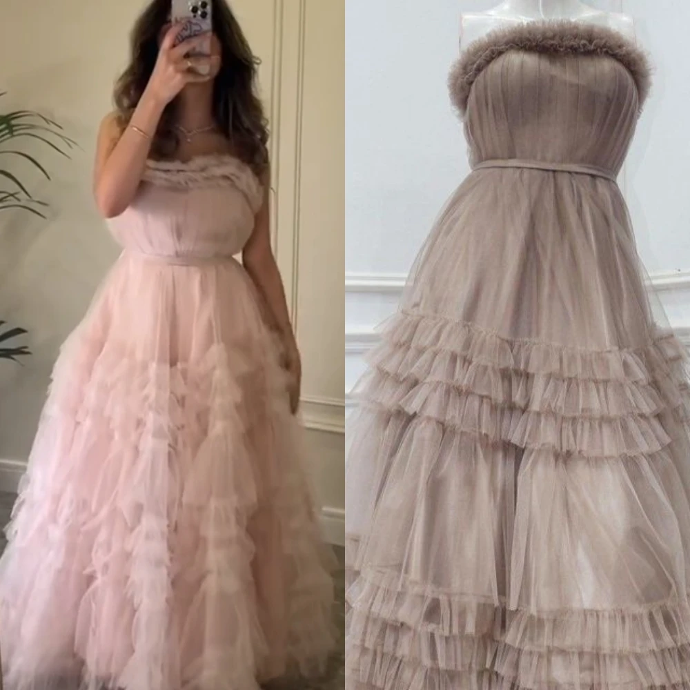 

Customized Simple Exquisite Strapless A-line Layered Tulle Formal Occasion Gown שמלות ערב נשים 2023 לחתונה Vestido De Noche