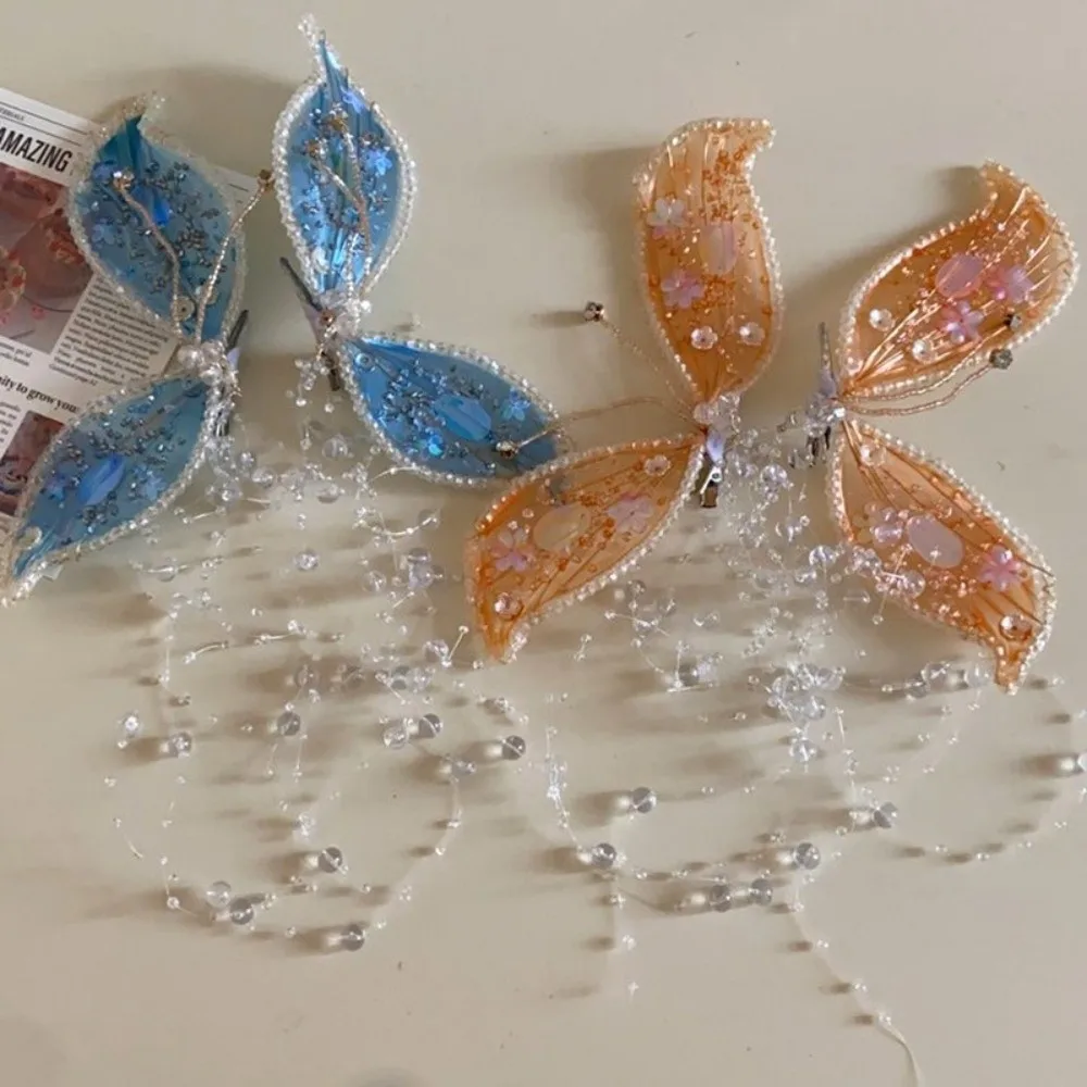 

1Pair Cute Animal Butterfly Hairpins Fairy bead Wedding Bridal Headdress Sequin Korean Style Tassel Hair Clip Wedding