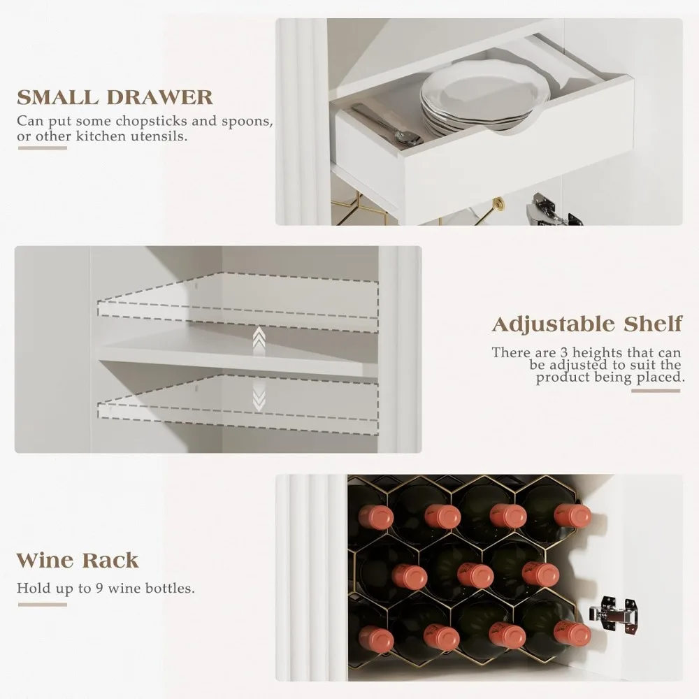خزانة بوفيه المطبخ مع رف النبيذ وحامل زجاجي، وخزانة جانبية للتخزين للقهوة والمشروبات #4