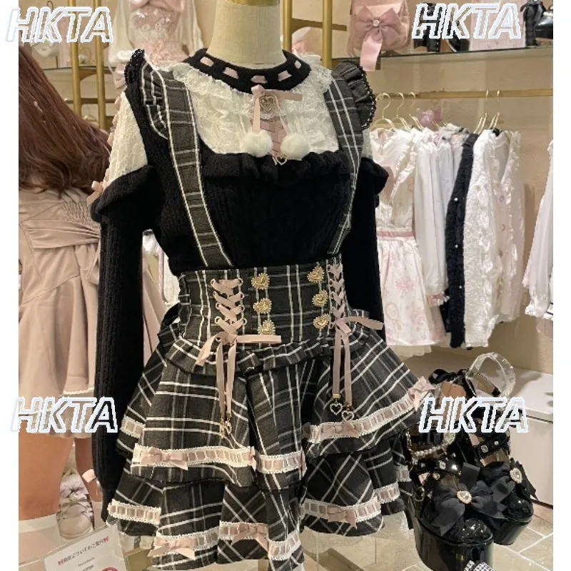 

Liz Strap Plaid Skirt Spring New Heart Button Pleated Skirt Japanese Style High Waist Slimming Sweet Waist-Cinching short Skirts