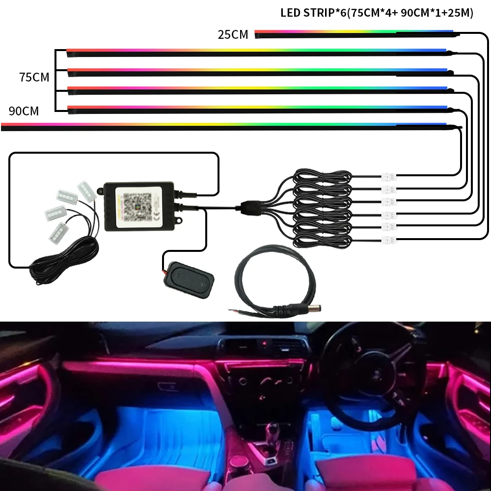 

Радужное автомобильное окружающее освещение Symphony RGB Универсальный стример Bluetooth Акриловая атмосферная лампа Комплект полос Управление через приложение