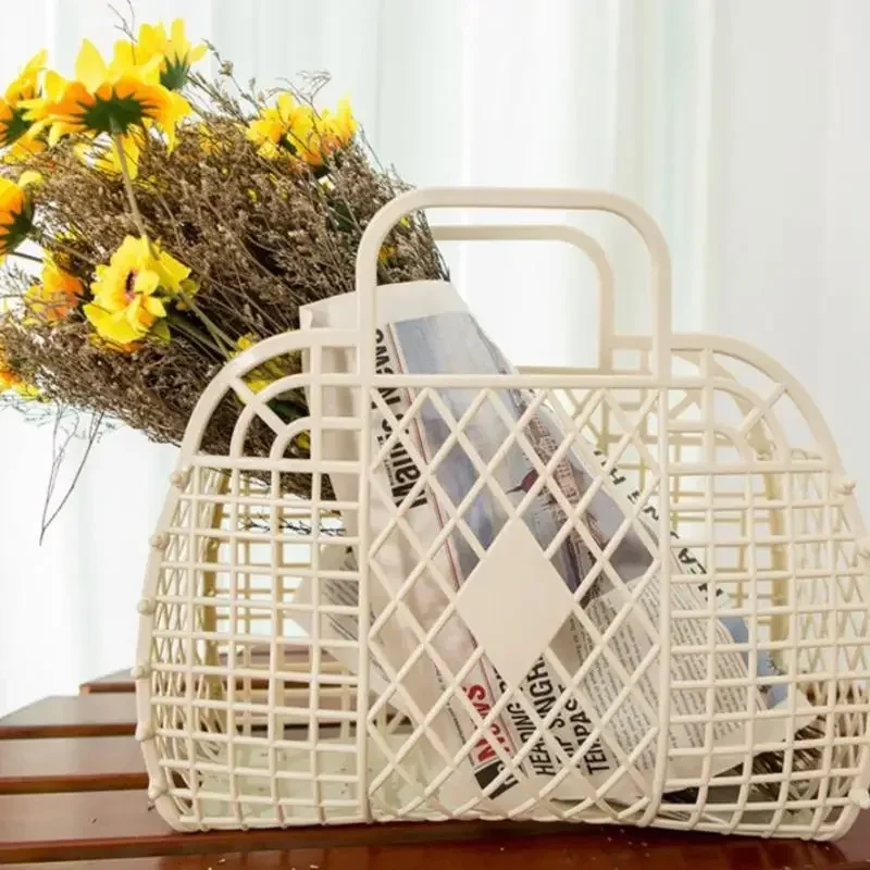 Bolsa de mano portátil de gran capacidad, cesta de baño de plástico, reutilizable y fácil de limpiar, para vacaciones en la playa, gran oferta