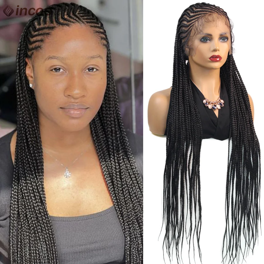 

Synthetic Full Lace Cornrow Braided Wigs With Baby Hair Fulani 36Inch Knotless Box Braids Wig Twist Braiding Wig For Black Women