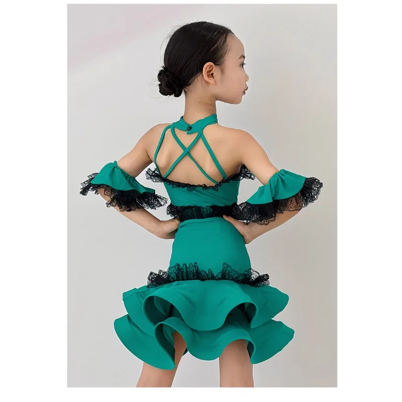 Robe de danse latine personnalisée pour filles, jupe d'entraînement, costume de performance de compétition pour enfants, robe fendue, ensemble 2 pièces
