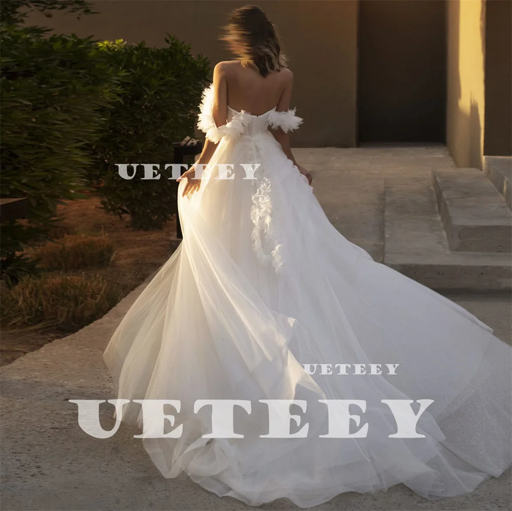 UETEEY Customized Flowers Pleats Fairy Off Shoulder Tulle Wedding Dress Boat Neck A Line Lace Up Back Court Train Bridal Gown