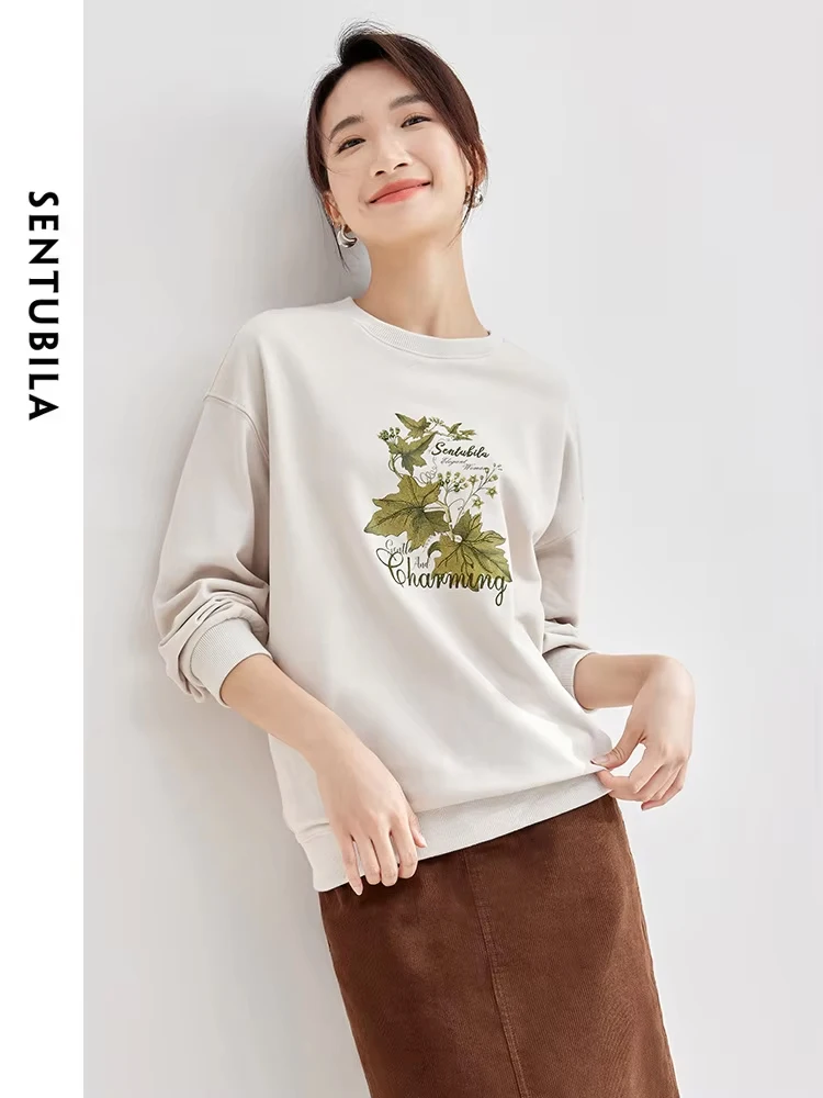 SENTUBILA Autumn Letter Print Oversized Sweatshirt Women Graphic 2024 Casual loose Office Lady Pullovers Hoodies Tops 133A50869