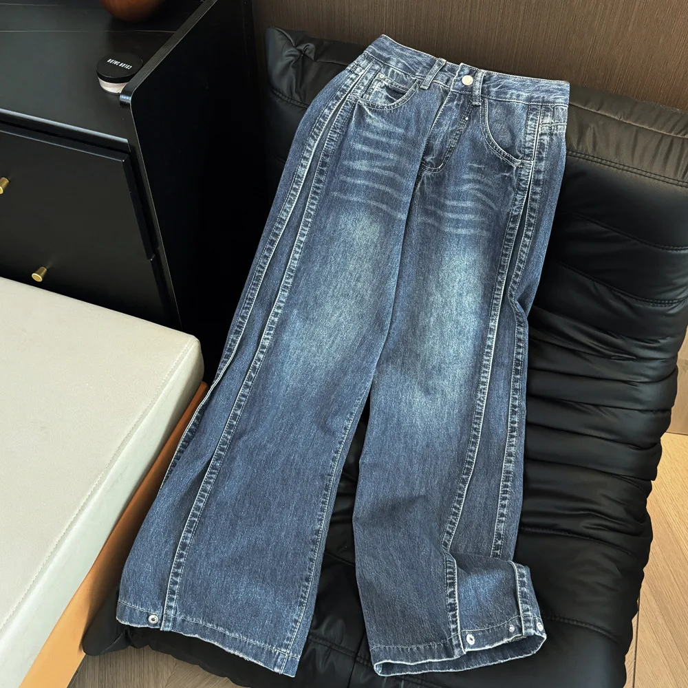 

Винтажные женские широкие джинсы в американском стиле, осенние модные джинсовые брюки с высокой талией в полоску по бокам, пикантные брюки для девочек
